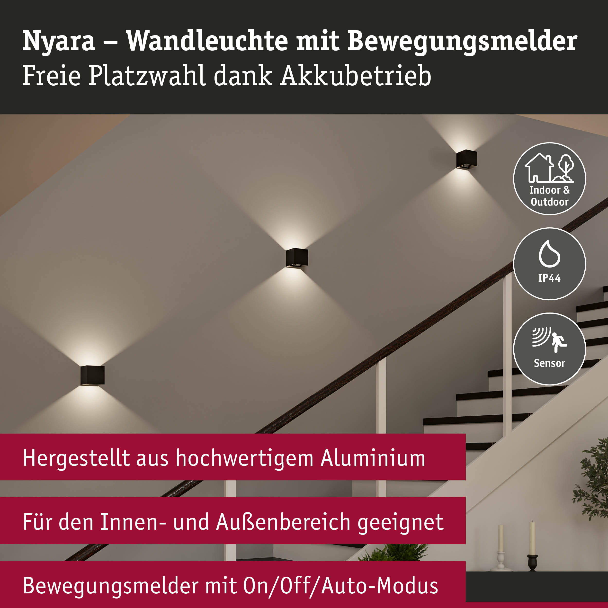 Nyara Wandleuchte aus Aluminium in Schwarz mit Bewegungsmelder für Innen- und Außenbereiche