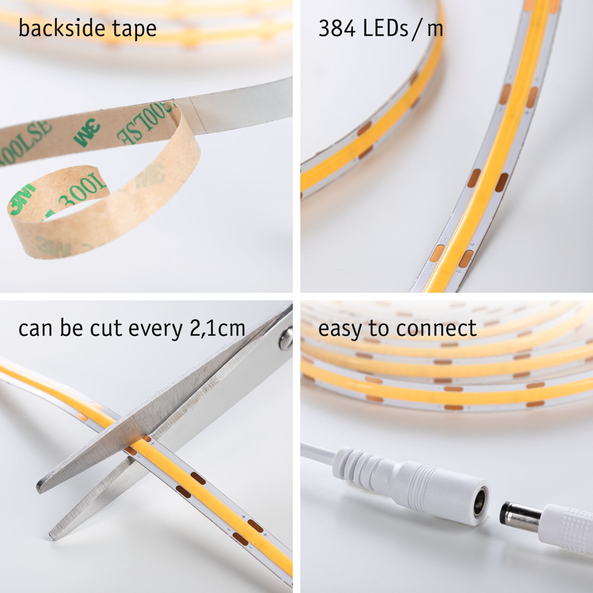 LED-strip med 384 LEDs/m, selvklæbende tape, kan klippes hver 2,1 cm, nem at tilslutte i hvid og gul.