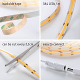 LED strip with 384 LEDs/m, adhesive tape backing, cuttable every 2.1 cm, easy to connect in white and yellow.