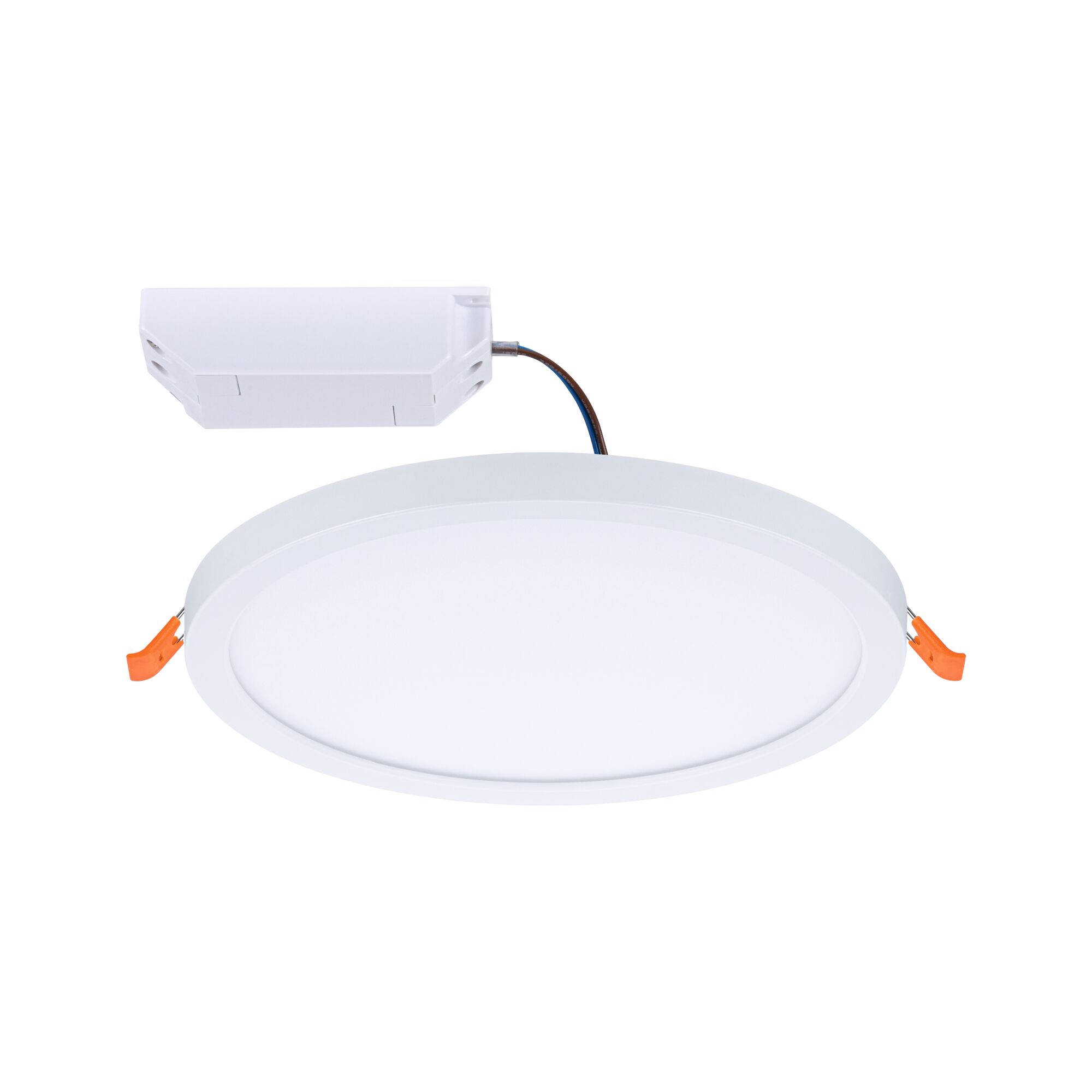 Rundes LED-Einbaupanel in Weiß mit Anschlussbox und orangefarbenen Halteklammern für Deckenbeleuchtung
