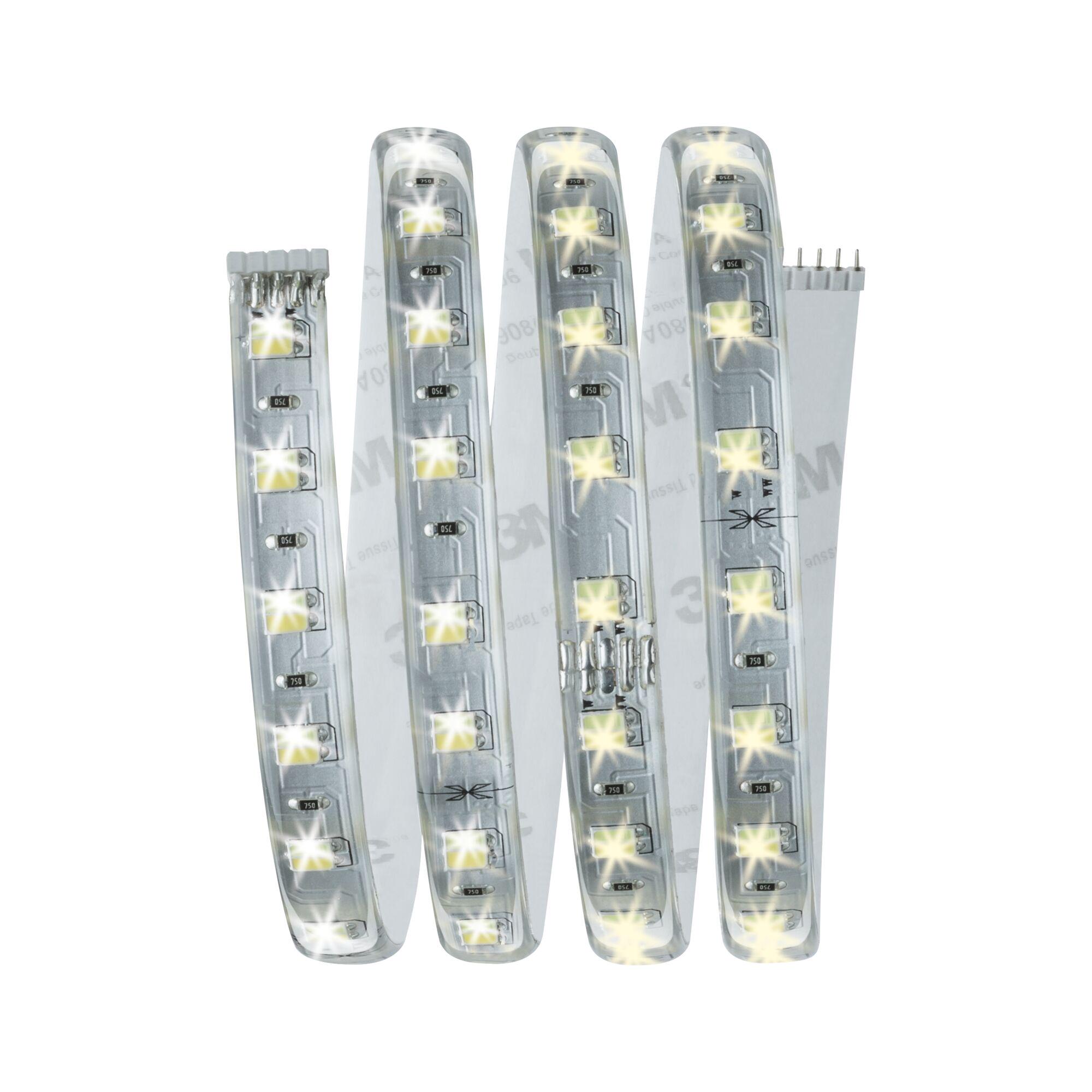 Flexible LED strip light with warm white LEDs and transparent cover for versatile lighting solutions.