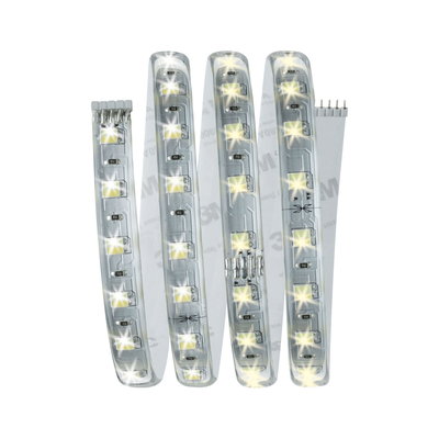 Flexible LED strip light with warm white LEDs and transparent cover for versatile lighting solutions.
