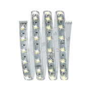 Flexible LED-Lichtleiste mit warmweißen LEDs und transparentem Schutzmantel für vielseitige Beleuchtung.
