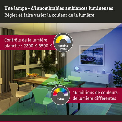 Salon avec lampe dimmable réglable de 2200K à 6500K et 16 millions de couleurs RGBW pour ambiances lumineuses