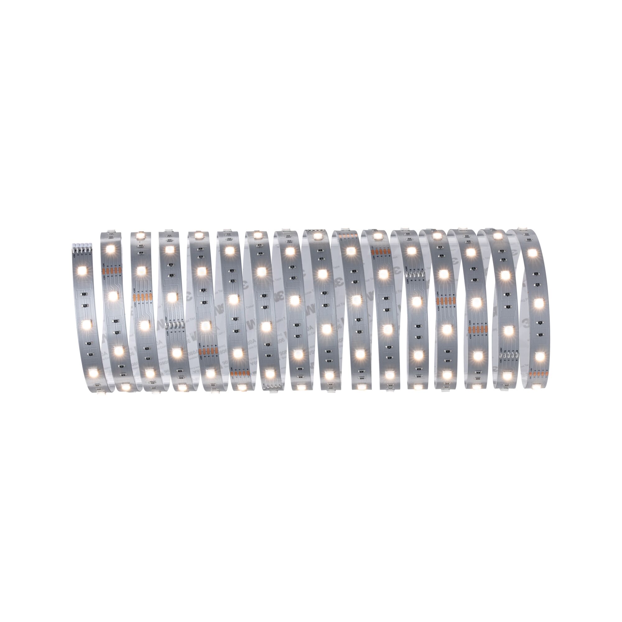 Flexible LED strip with warm white LEDs on silver board for versatile lighting solutions.