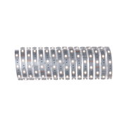 Flexible LED strip with warm white LEDs on silver board for versatile lighting solutions.