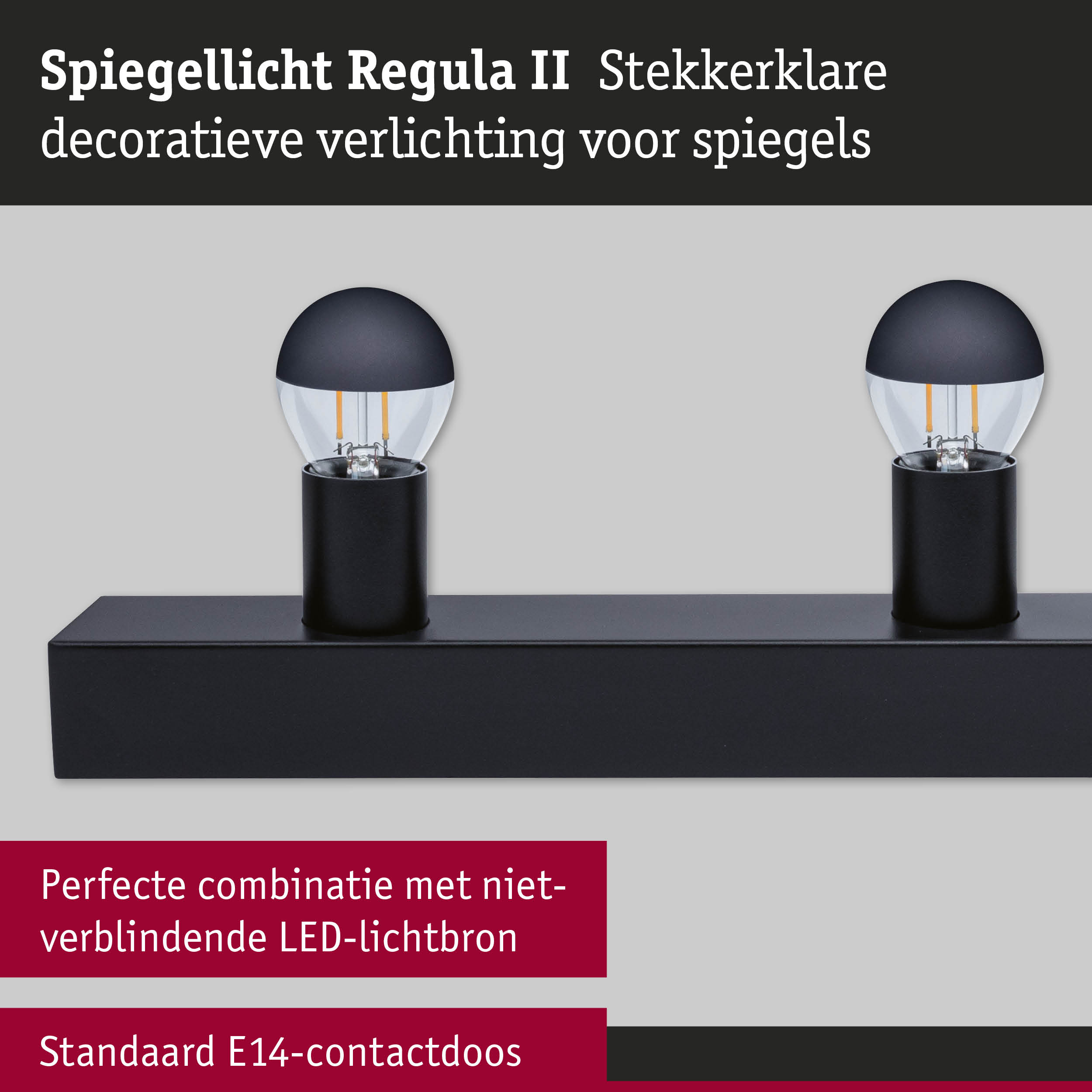 Set LED-spiegellamp Regula II Inclusief fluorescentielampen 4-vlammig E14 2700K 4x250lm 230V 4x2,5W dimbaar Zwart/Kopspiegel zwart mat