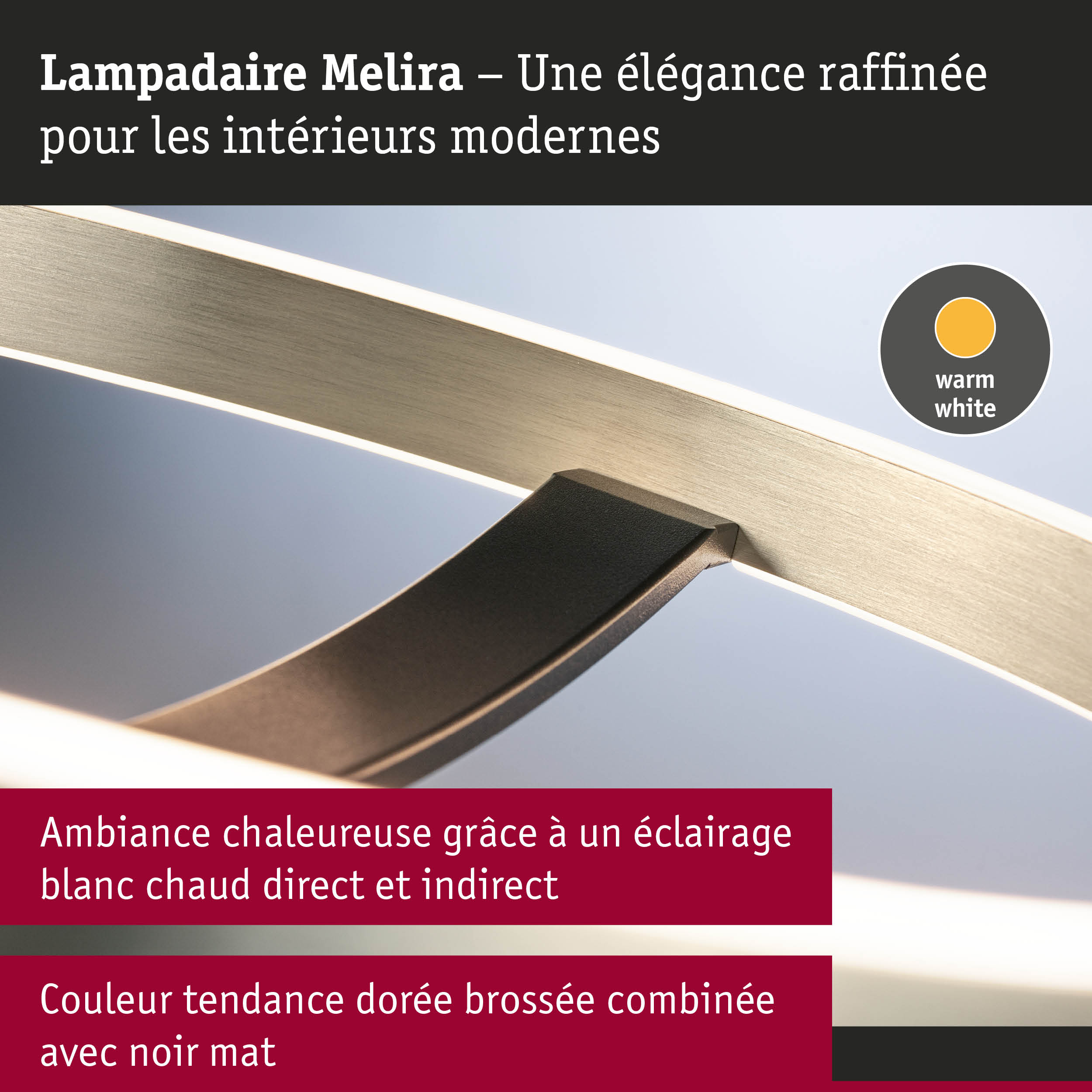 Lampadaire Melira moderne en doré brossé et noir mat avec éclairage blanc chaud pour intérieur