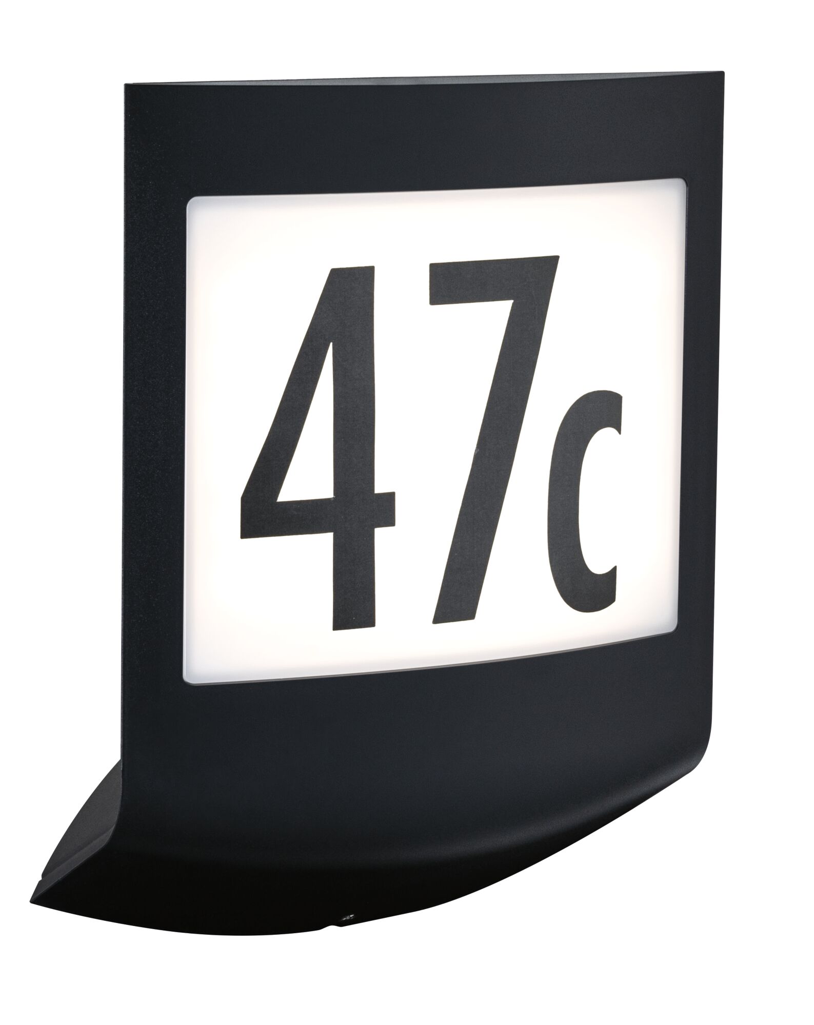 Black LED house number sign with illuminated white panel and black digits 47c for outdoor use