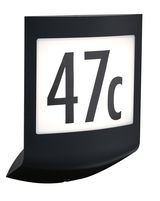 Black LED house number sign with illuminated white panel and black digits 47c for outdoor use