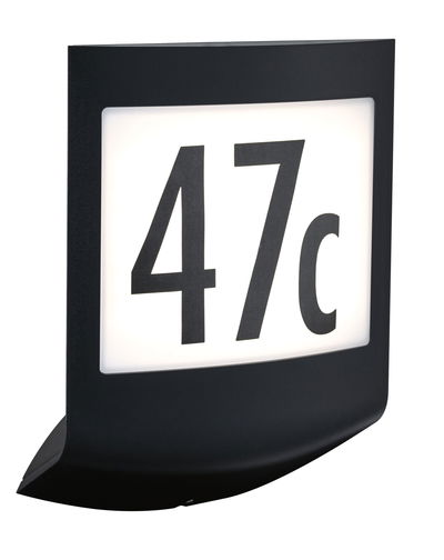 Black LED house number sign with illuminated white panel and black digits 47c for outdoor use