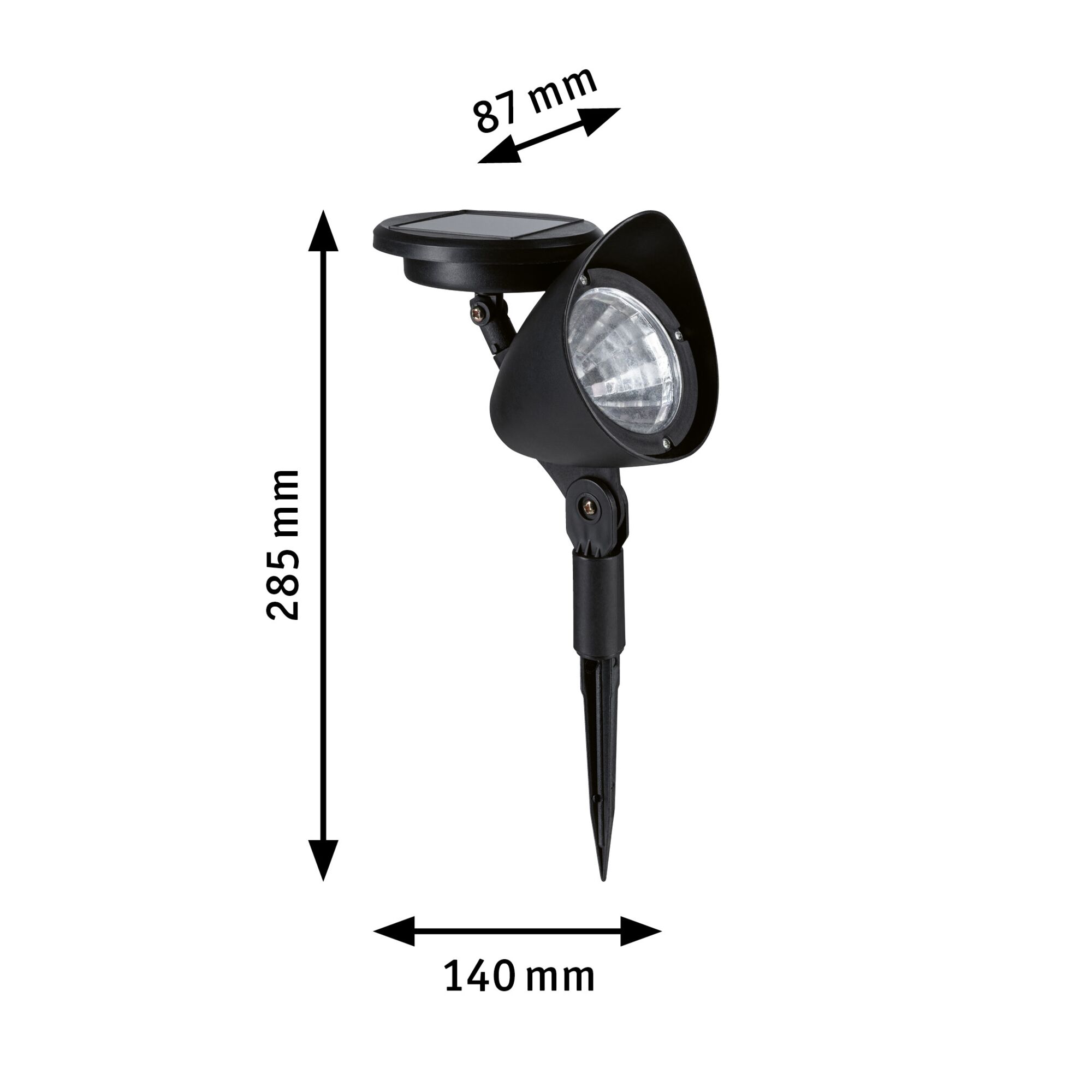 Black plastic solar garden spotlight with adjustable head and ground spike, dimensions 285x140x87 mm.