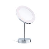 Round makeup mirror with LED light and chrome metal base for precise beauty application.