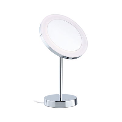 Round makeup mirror with LED light and chrome metal base for precise beauty application.