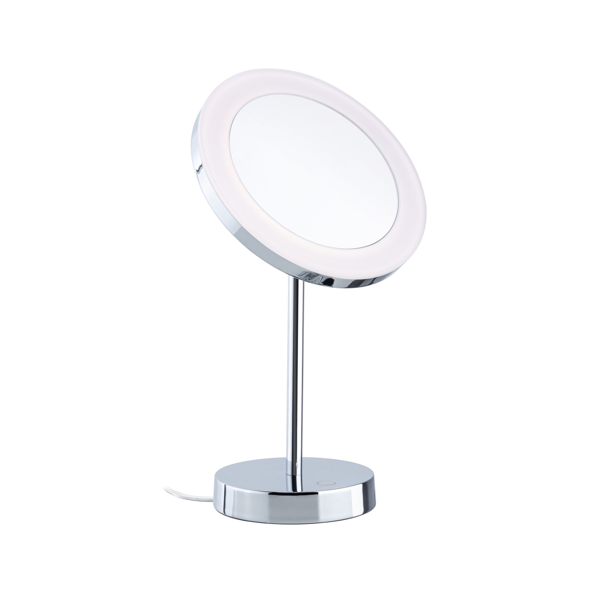 Round makeup mirror with LED light and chrome metal base for precise beauty application.