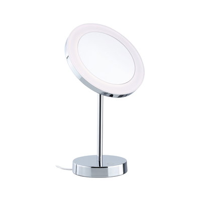 Round makeup mirror with LED light and chrome metal base for precise beauty application.