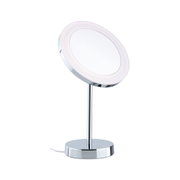 Runder Kosmetikspiegel mit LED-Beleuchtung und verchromtem Metallfuß für präzises Make-up.