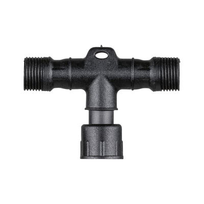 Black plastic T-piece with two male and one female thread for pipe connections