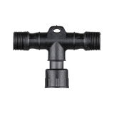 Black plastic T-piece with two male and one female thread for pipe connections