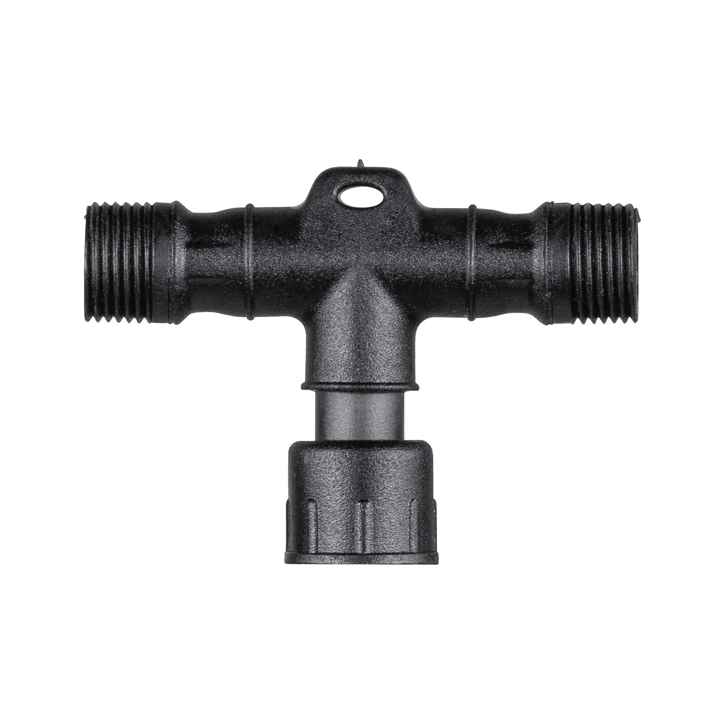 Black plastic T-piece with two male and one female thread for pipe connections