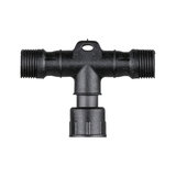Black plastic T-piece with two male and one female thread for pipe connections