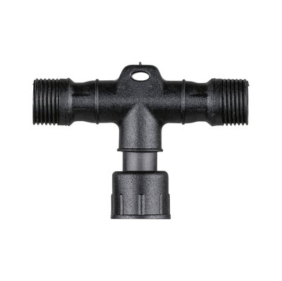 Black plastic T-piece with two male and one female thread for pipe connections