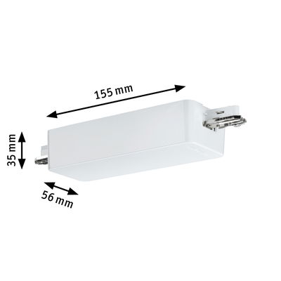 White plastic housing measuring 155x56x35 mm for LED track lighting component
