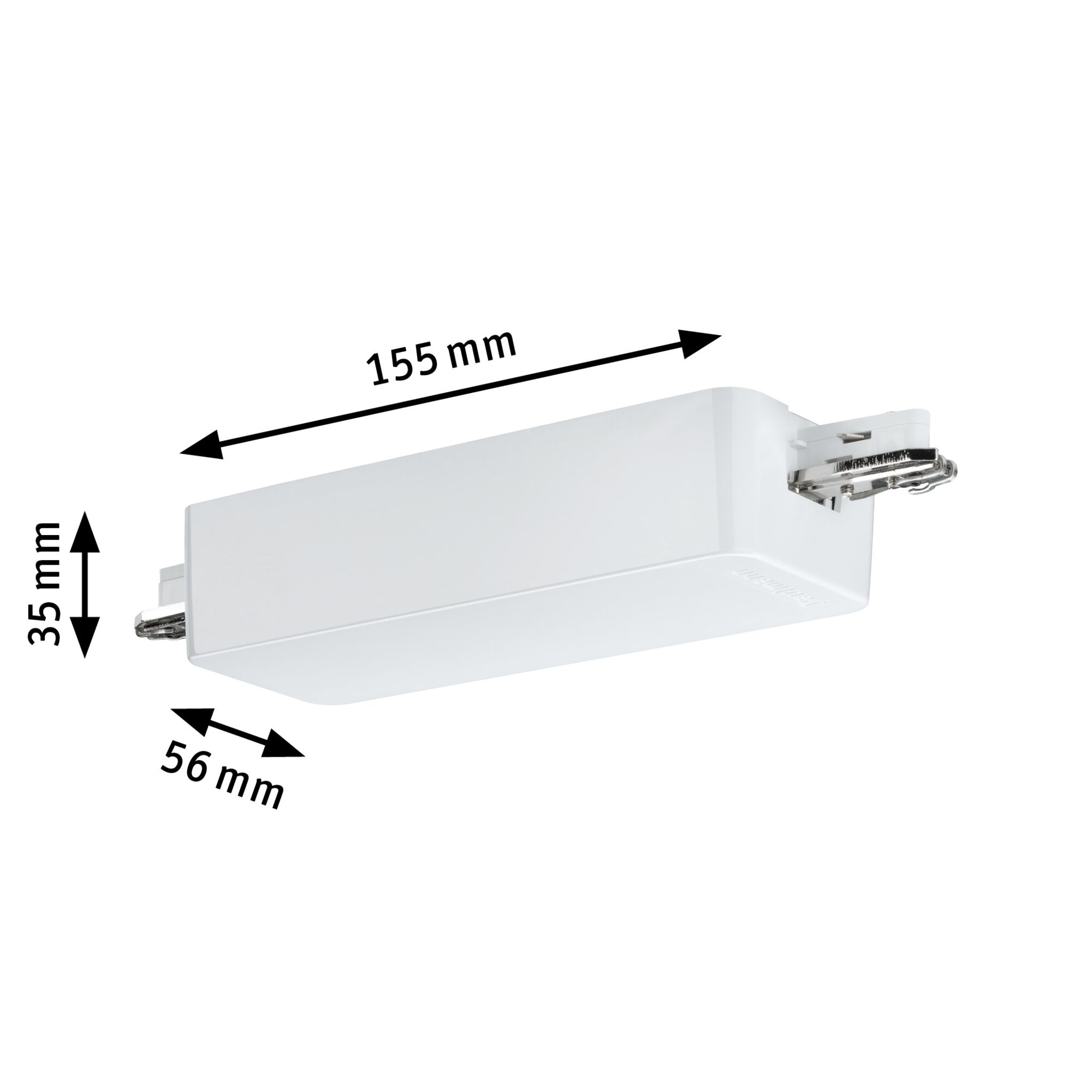 White plastic housing measuring 155x56x35 mm for LED track lighting component