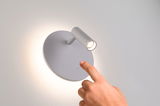 Grey LED wall light with round base and adjustable spotlight, touch-sensitive, modern indoor lighting