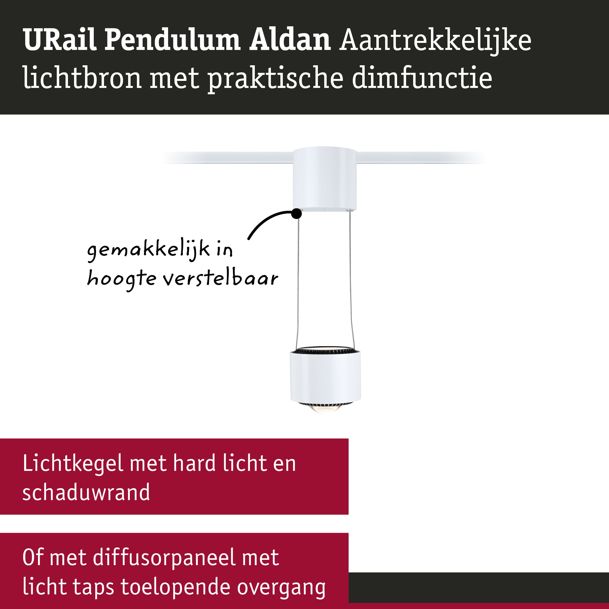Luminaire URail Pendulum Aldan blanc avec hauteur réglable et fonction de gradation pratique