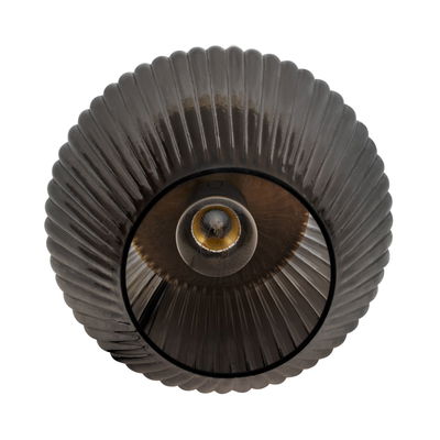 Smoked glass ceiling light with ribbed design and visible bulb for atmospheric lighting