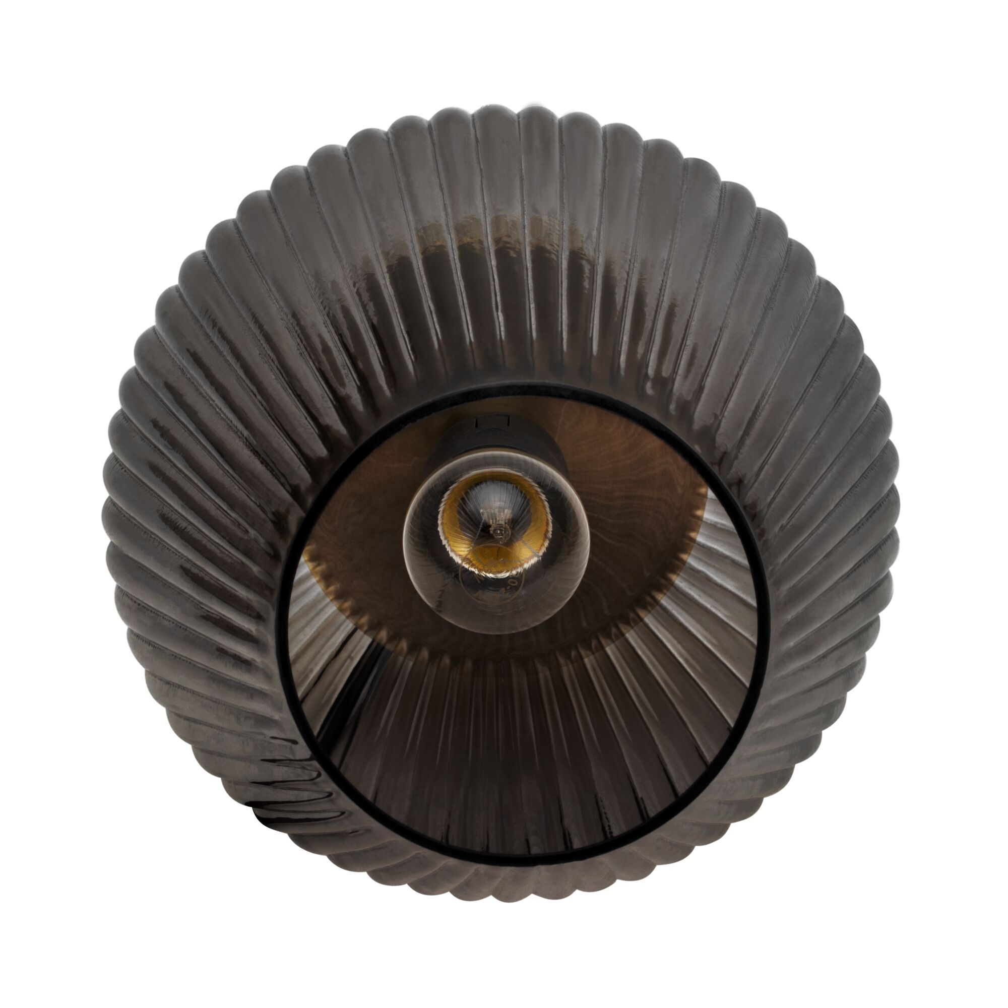 Smoked glass ceiling light with ribbed design and visible bulb for atmospheric lighting