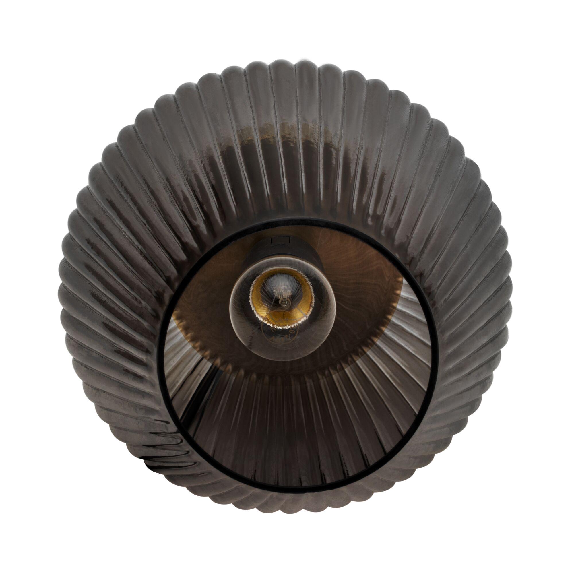 Smoked glass ceiling light with ribbed design and visible bulb for stylish modern interior lighting
