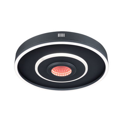 Plafonnier LED rond noir avec anneaux lumineux blancs et centre LED rouge pour éclairage moderne
