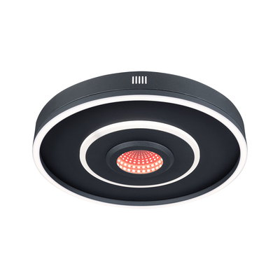 Plafonnier LED rond noir avec anneaux lumineux blancs et centre LED rouge pour éclairage moderne