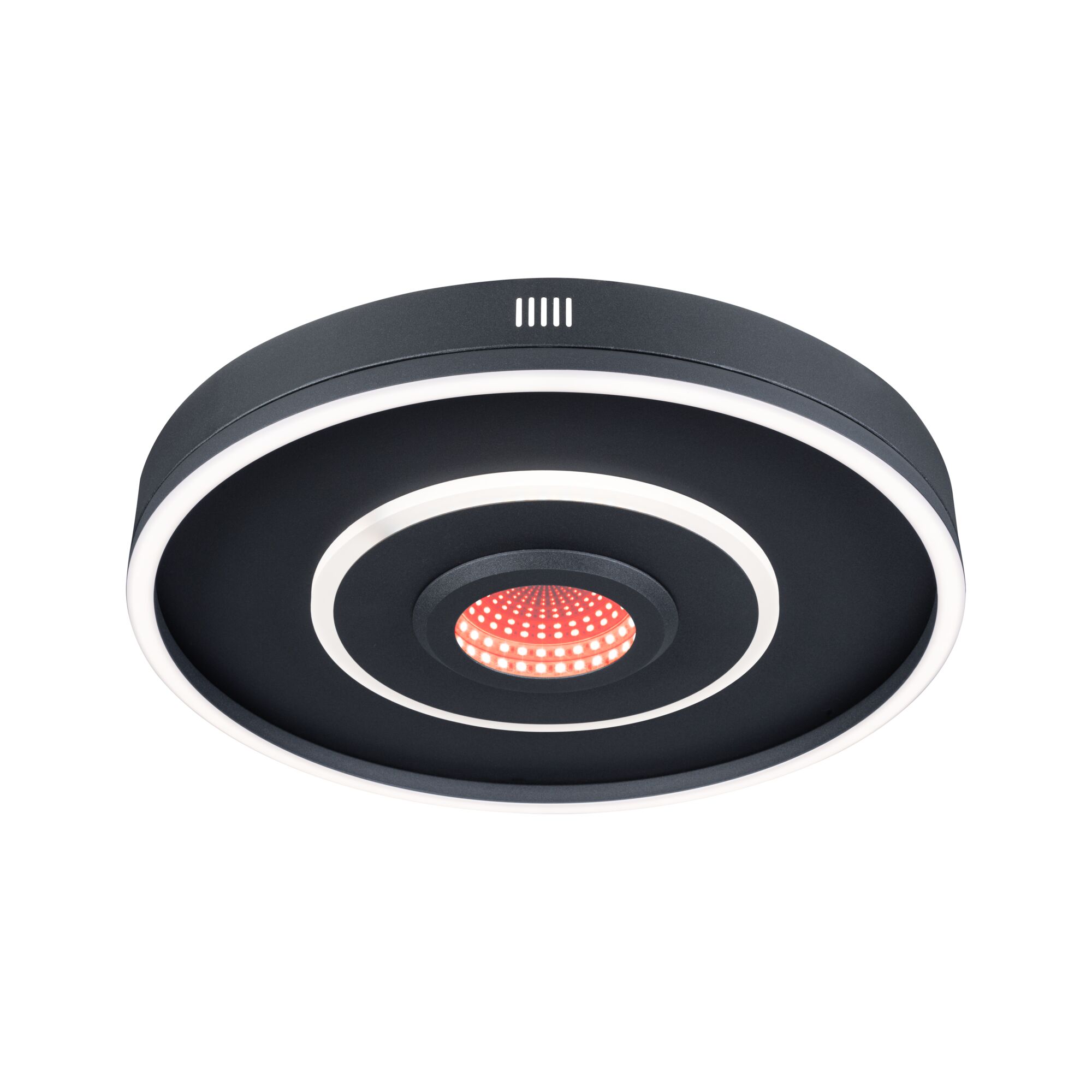 Round black LED ceiling light with white light rings and red LED center for modern lighting design