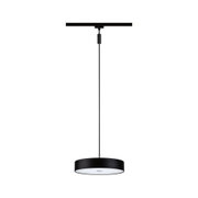 Schwarze Pendelleuchte mit rundem Metallschirm und weißem Diffusor für moderne Innenbeleuchtung