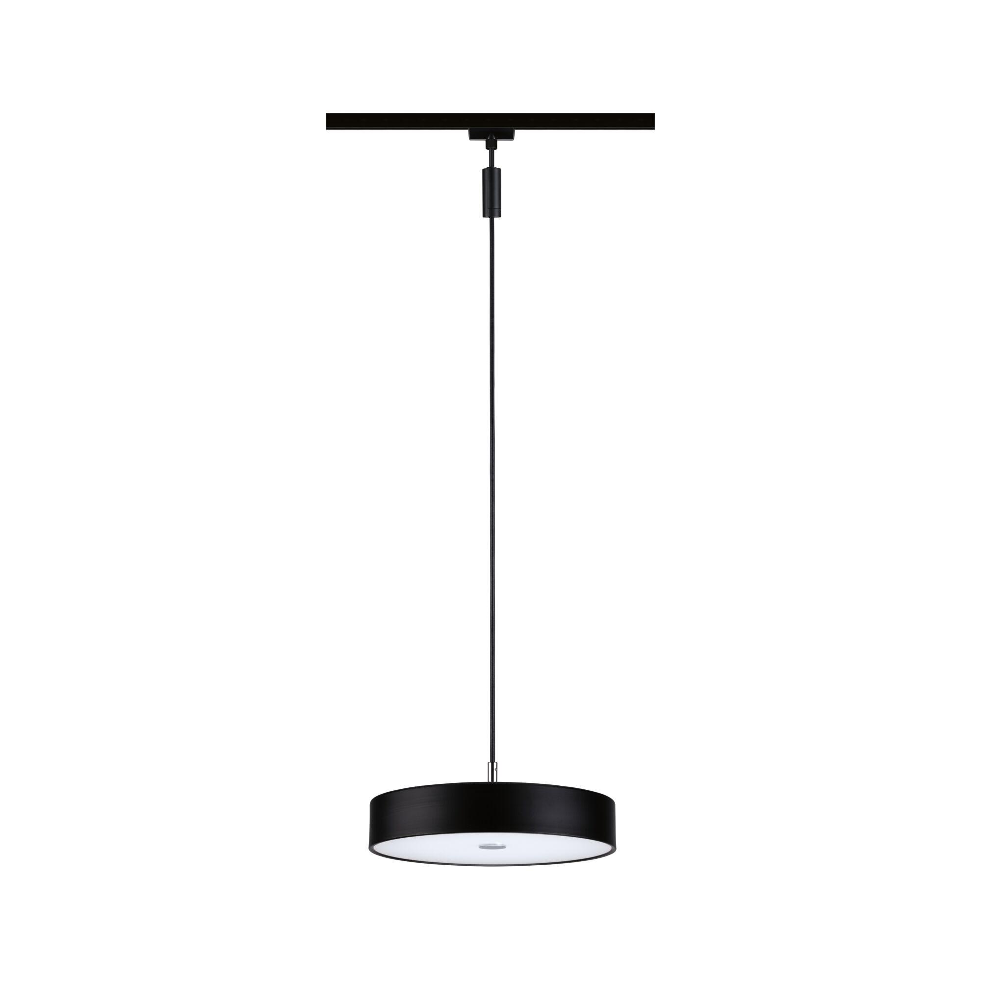 Schwarze Pendelleuchte mit rundem Metallschirm und weißem Diffusor für moderne Innenbeleuchtung