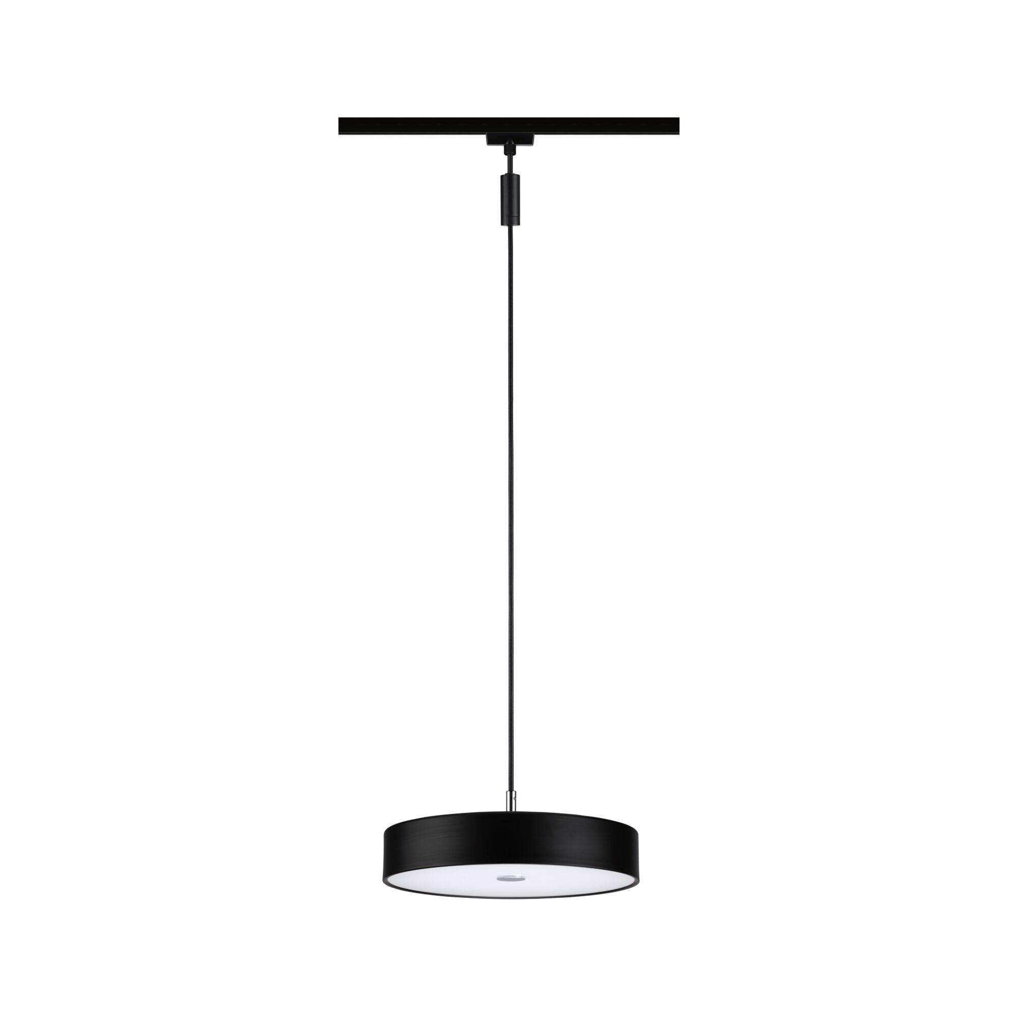 Black pendant light with round metal shade and white diffuser for modern interior lighting