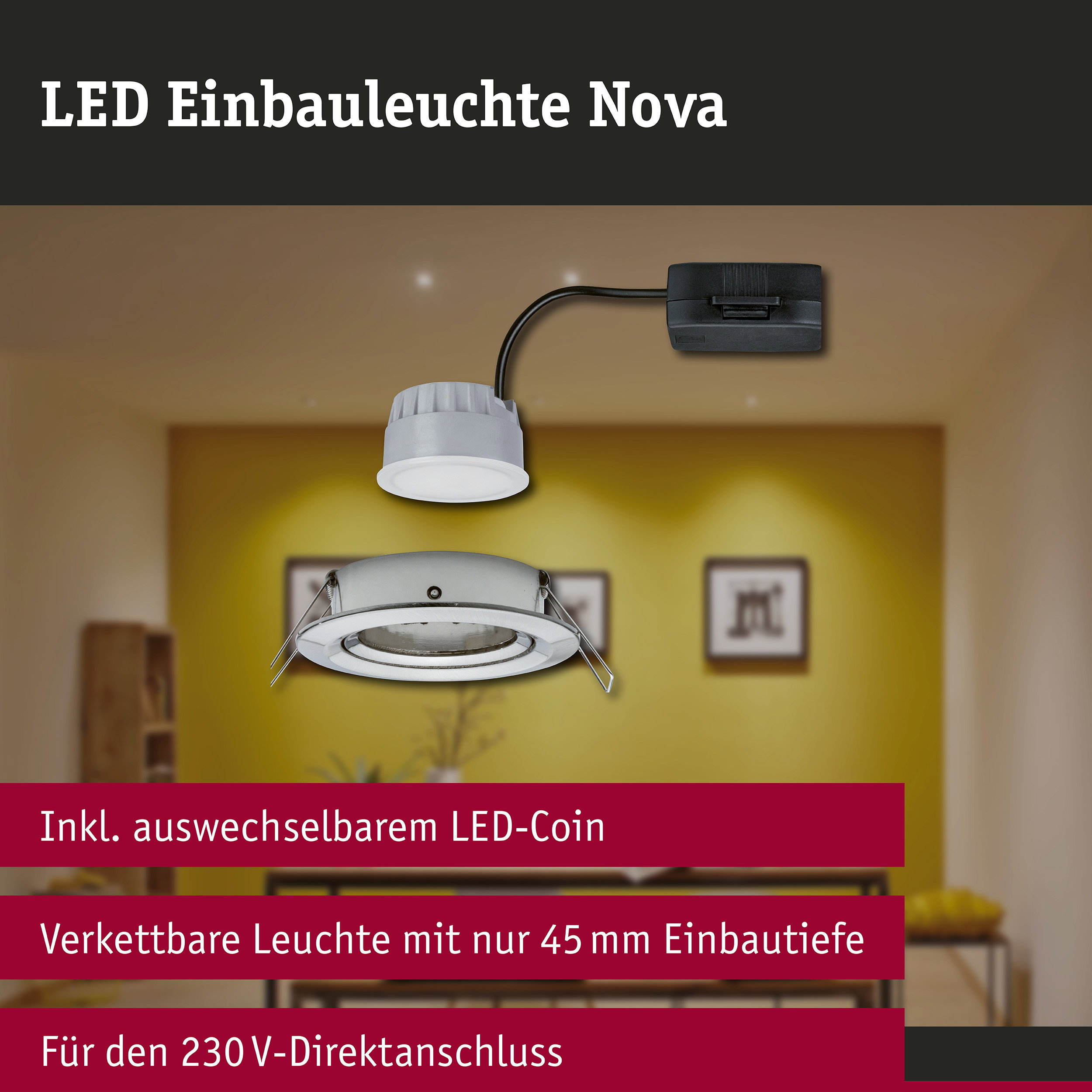 LED Einbauleuchte 3-Step-Dim Nova Coin 3-Step-Dim schwenkbar rund 84mm 50° Coin 6W 470lm 230V dimmbar 2700K Eisen gebürstet