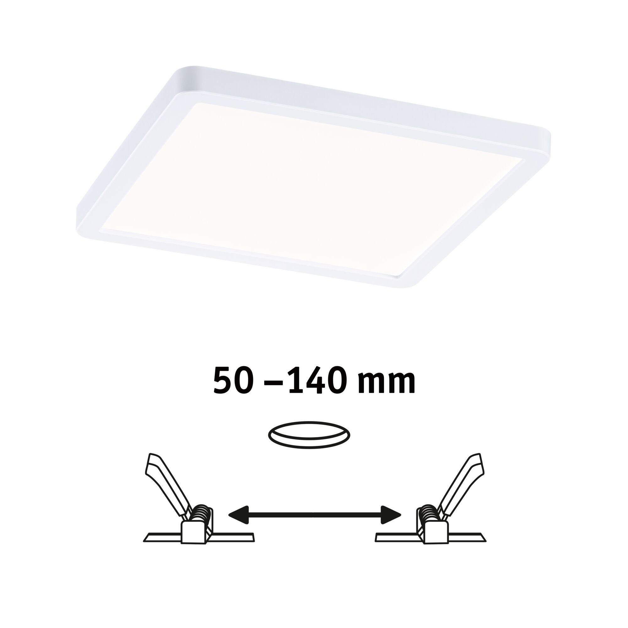 Weißes quadratisches LED-Deckenpanel mit verstellbaren Halteklammern für 50-140 mm Einbaumaß