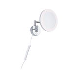 Miroir mural rond avec éclairage LED et bras en métal chromé, idéal pour salle de bain et maquillage.