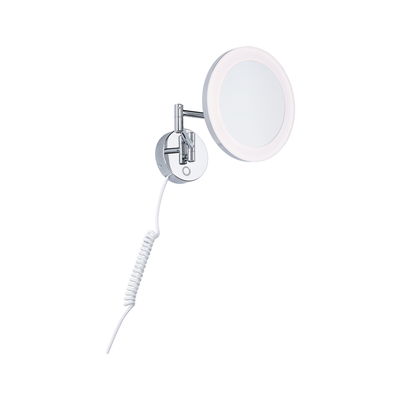 Miroir mural rond avec éclairage LED et bras en métal chromé, idéal pour salle de bain et maquillage.