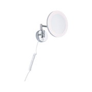 Ronde wandspiegel met LED-verlichting en verchroomde metalen arm, geschikt voor badkamer en make-up.