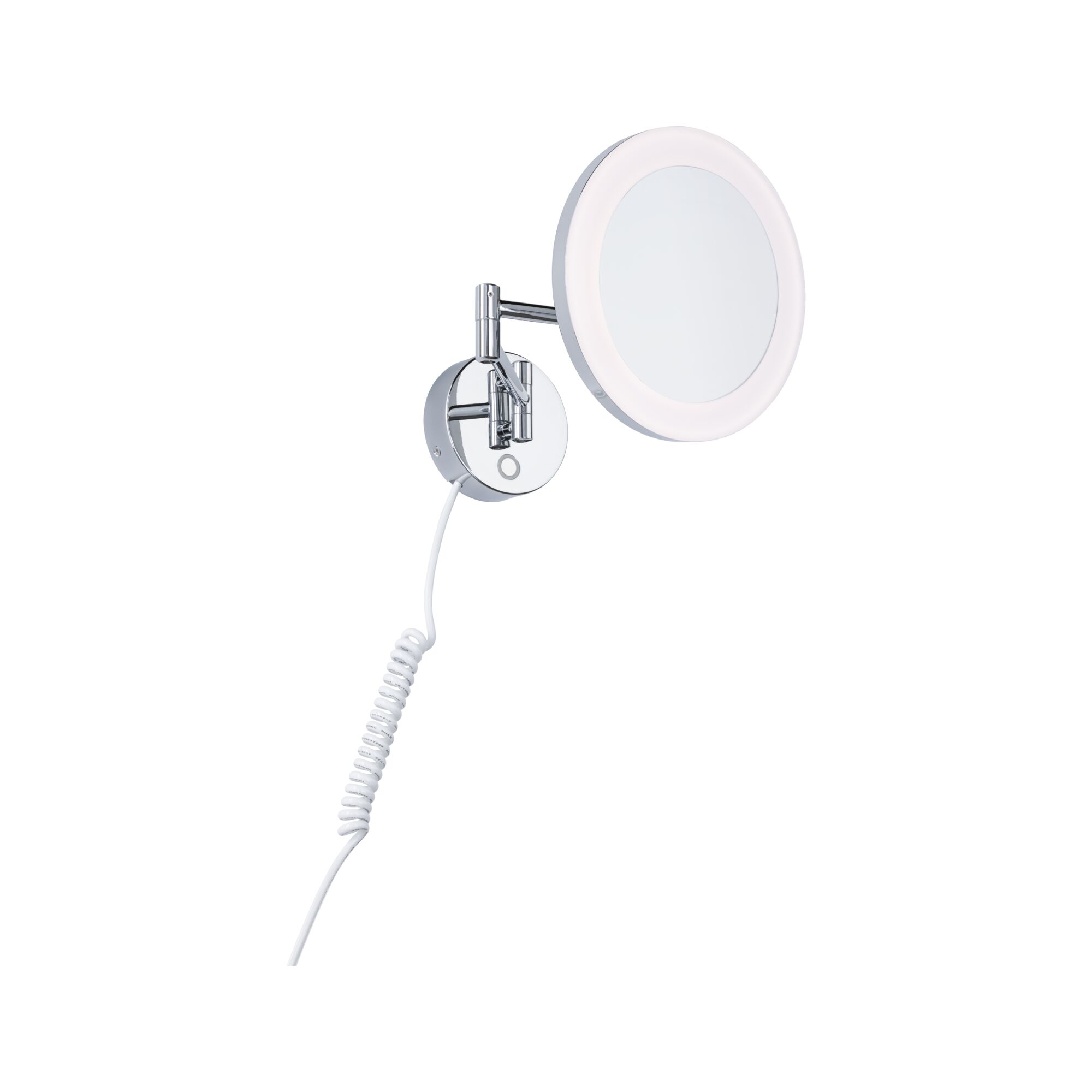 Ronde wandspiegel met LED-verlichting en verchroomde metalen arm, geschikt voor badkamer en make-up.