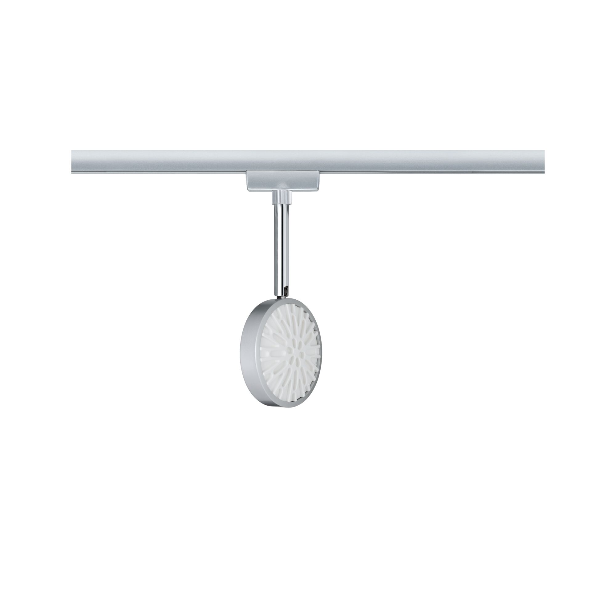 Round silver LED track light housing with white decorative pattern for modern lighting solutions