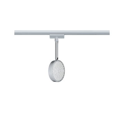 Round silver LED track light housing with white decorative pattern for modern lighting solutions