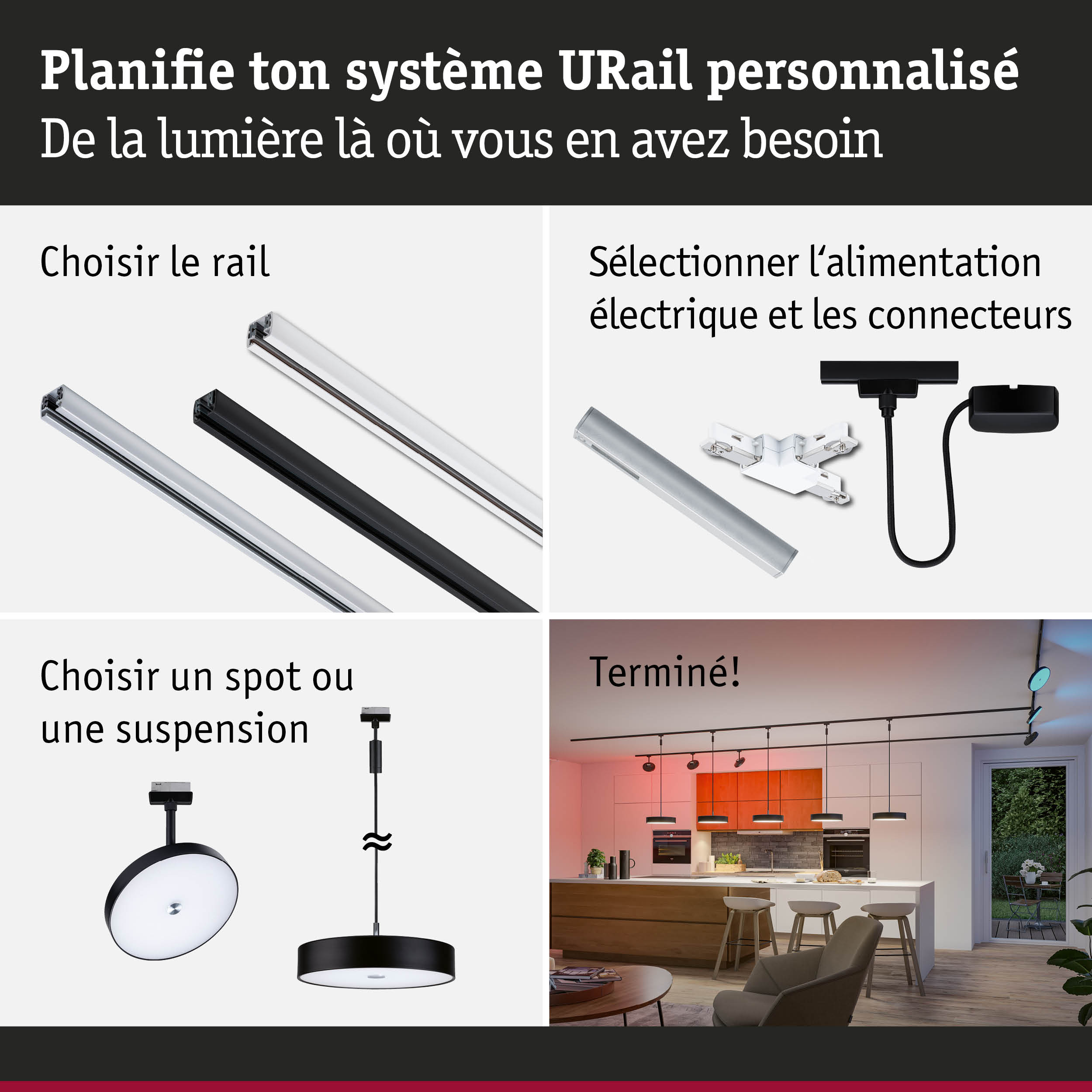 Système de rail URail modulaire avec rails de différentes couleurs et connecteurs électriques pour éclairage personnalisé