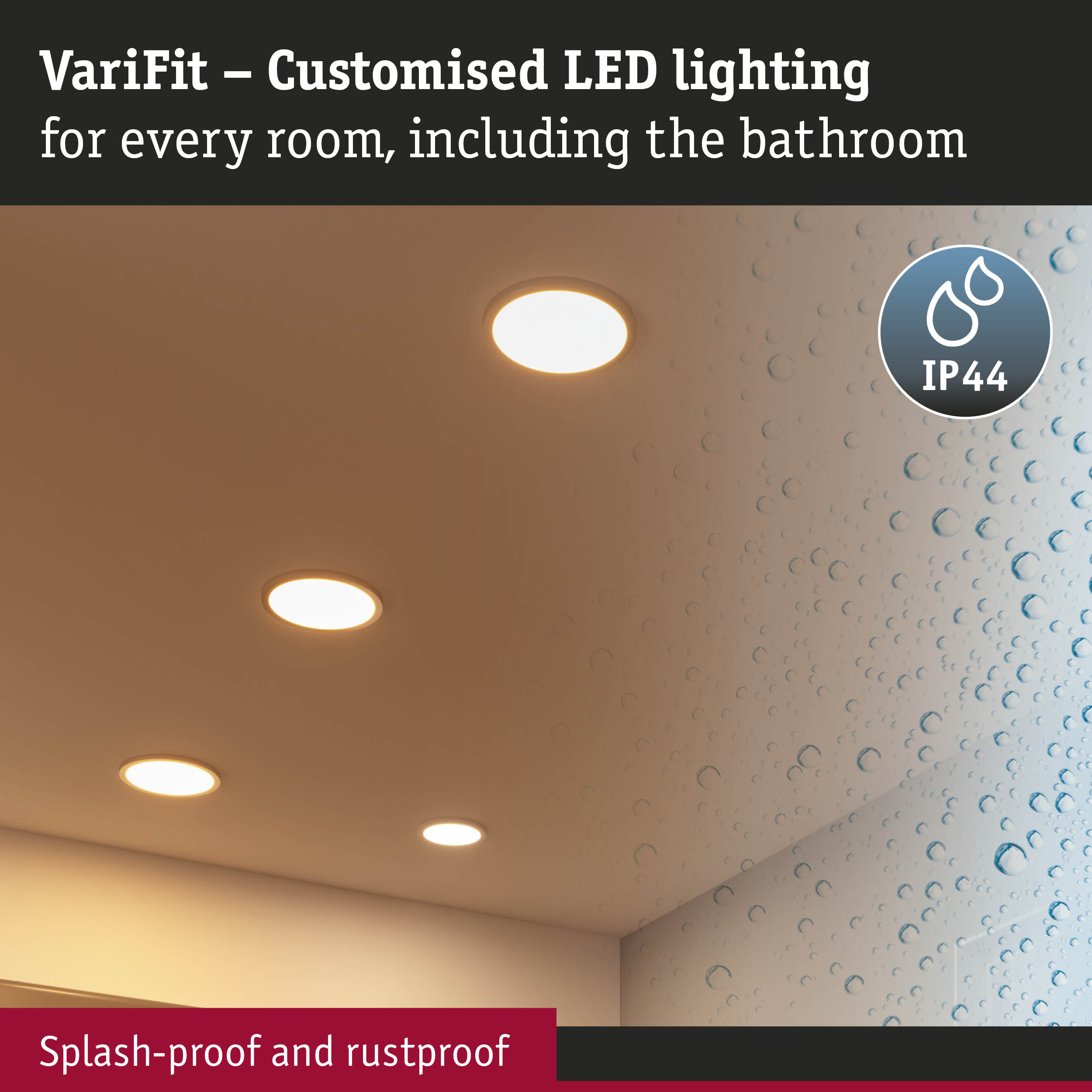 White VariFit recessed LED lights, splash-proof and rustproof, suitable for bathroom lighting
