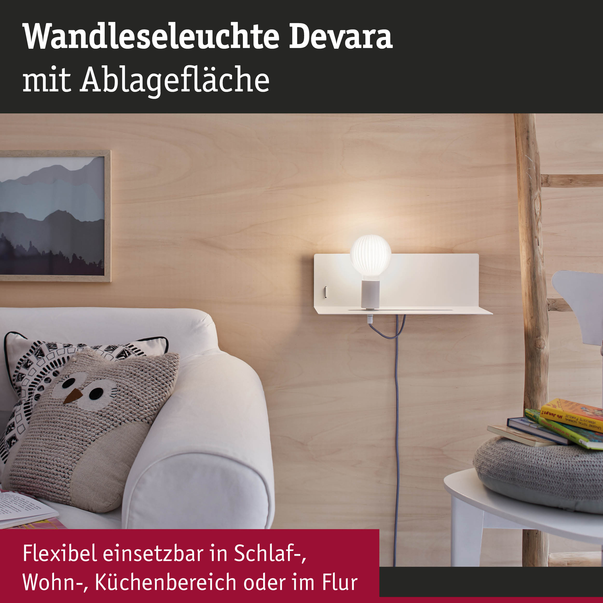 Weiße Wandleseleuchte Devara mit Ablagefläche aus Metall, ideal für Schlafzimmer und Wohnbereich